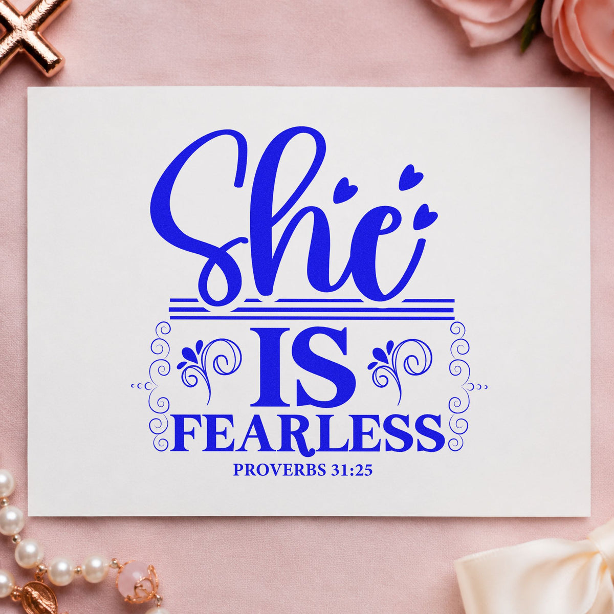 She Is Fearless craft stamp in blue ink on cardstock, an easy option for canvas totes.