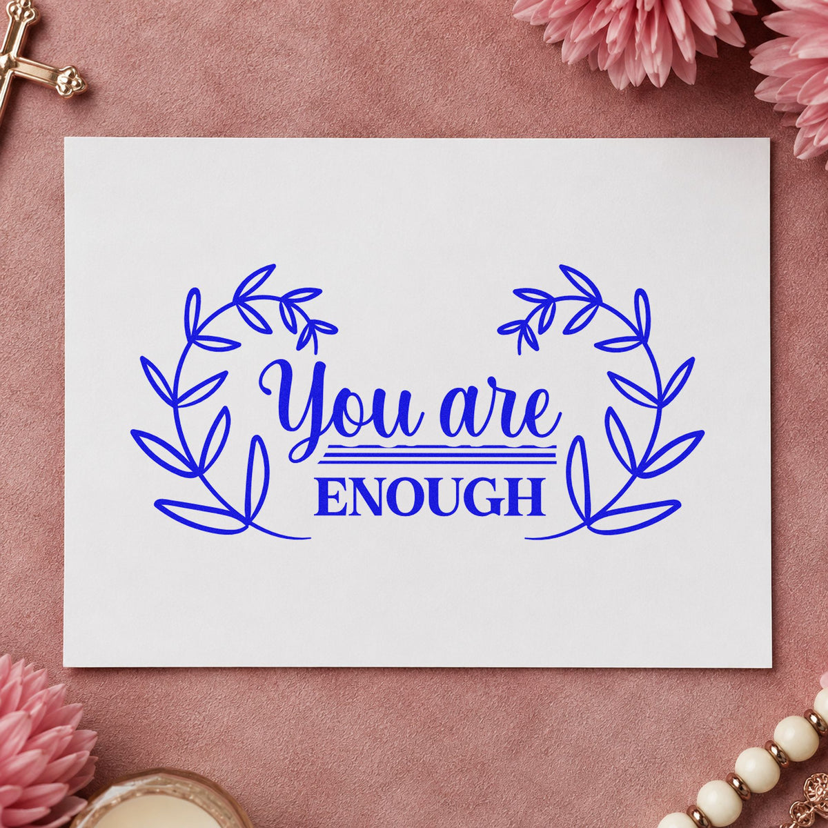 You Are Enough Wreath craft stamp in blue ink on cardstock, an easy option for canvas totes.