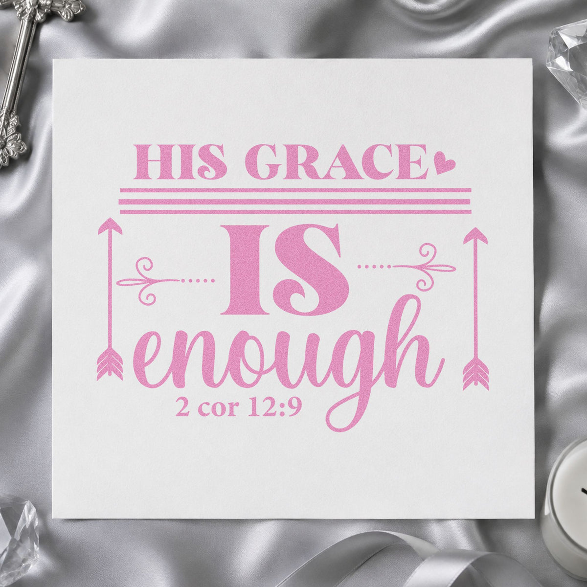 His Grace Is Enough Arrows craft stamp in purple ink on cardstock, an easy option for chronic illness notes.