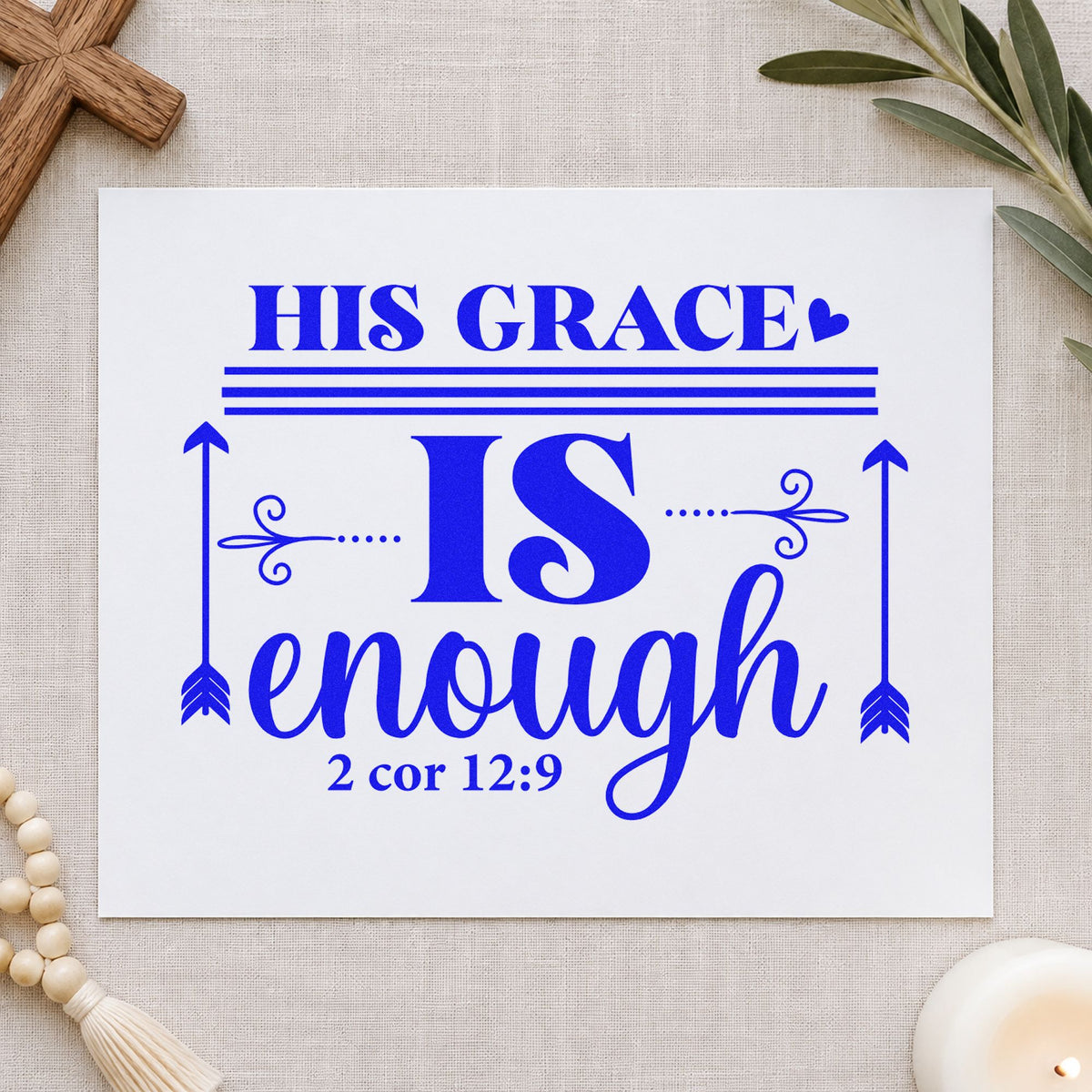 His Grace Is Enough Arrows craft stamp in blue ink on cardstock, an easy option for canvas totes.