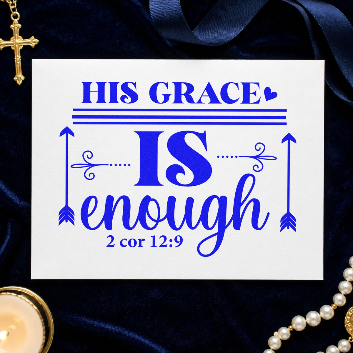 His Grace Is Enough Arrows craft stamp imprinted in blue ink on paper, a design suited to recovery milestones.