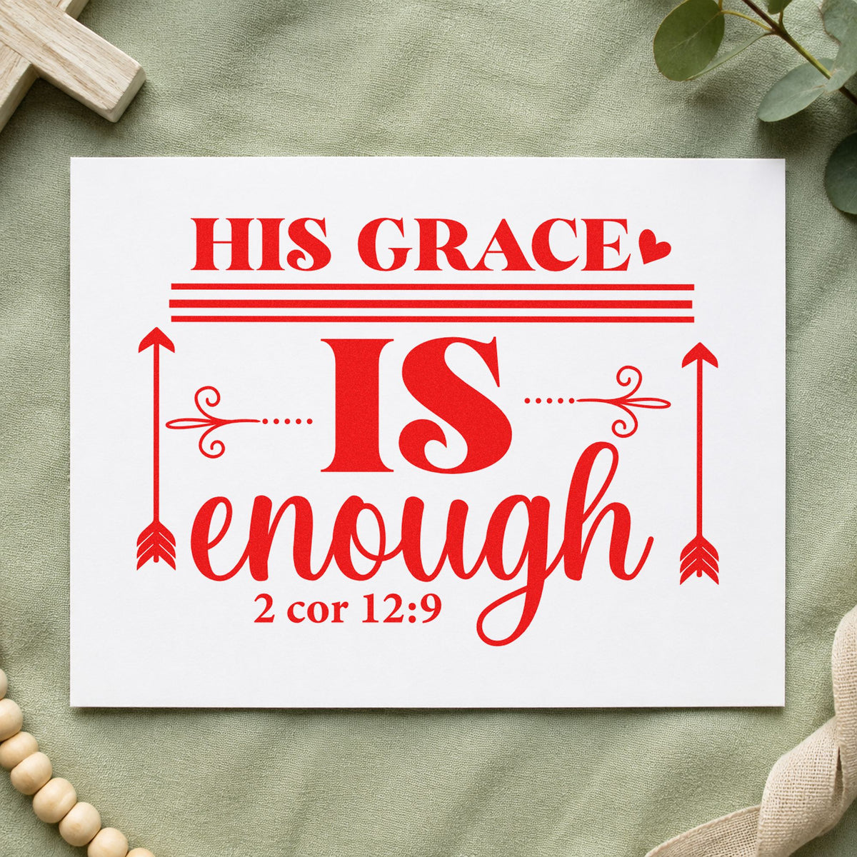 His Grace Is Enough Arrows rubber stamp shown in red ink, stamped for projects such as journal cover stamping.