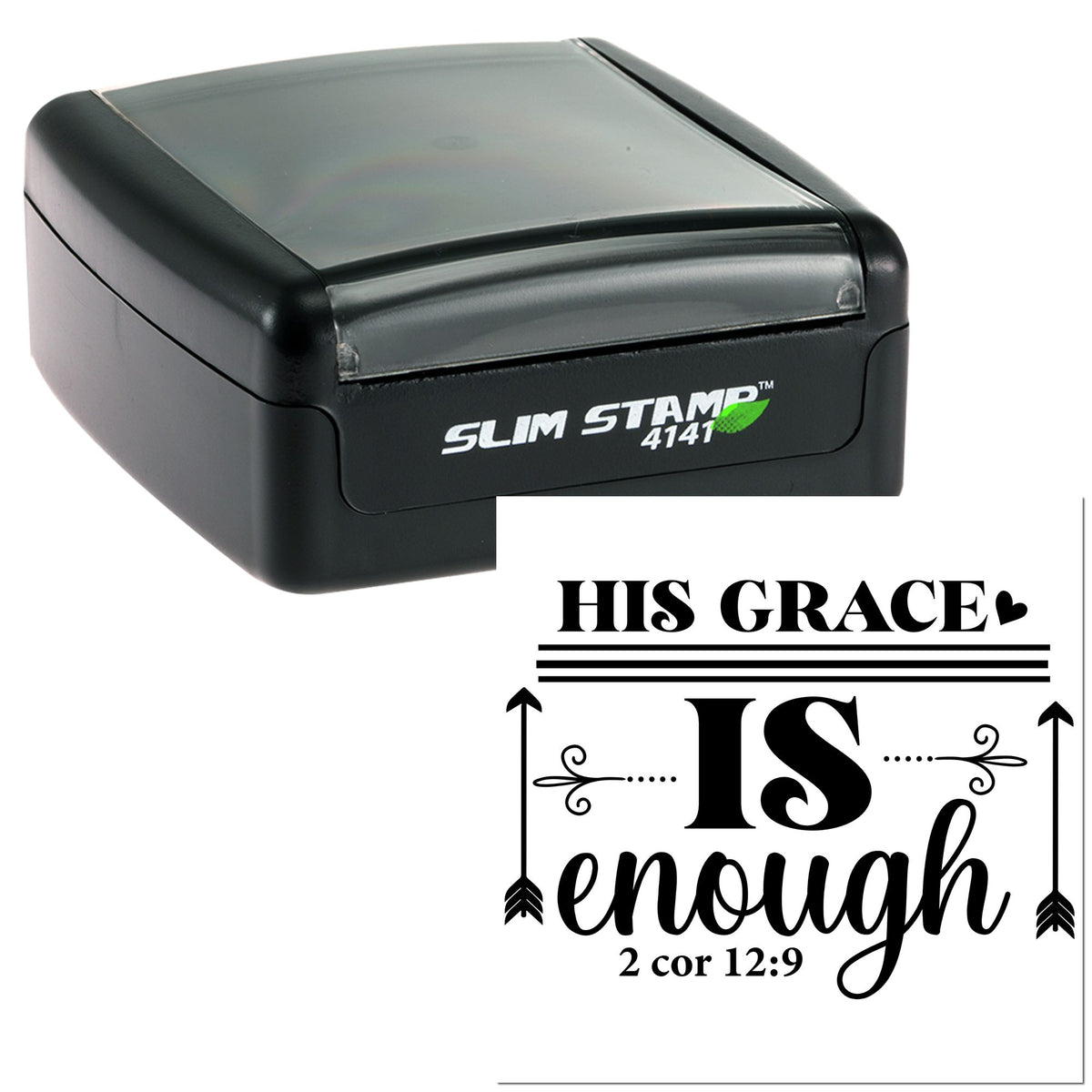 Black self-inking stamp and seal set with His Grace Is Enough design in bold black lettering and decorative arrows