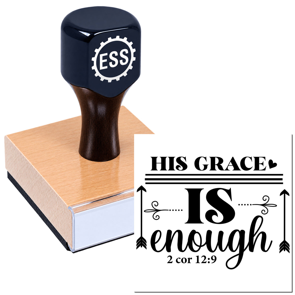 Black custom stamp and seal on wooden block with "His Grace Is Enough" Bible verse design