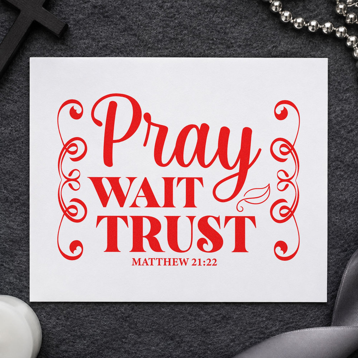Pray Wait Trust Scrolls rubber stamp shown in red ink, stamped for projects such as prayer box lids.
