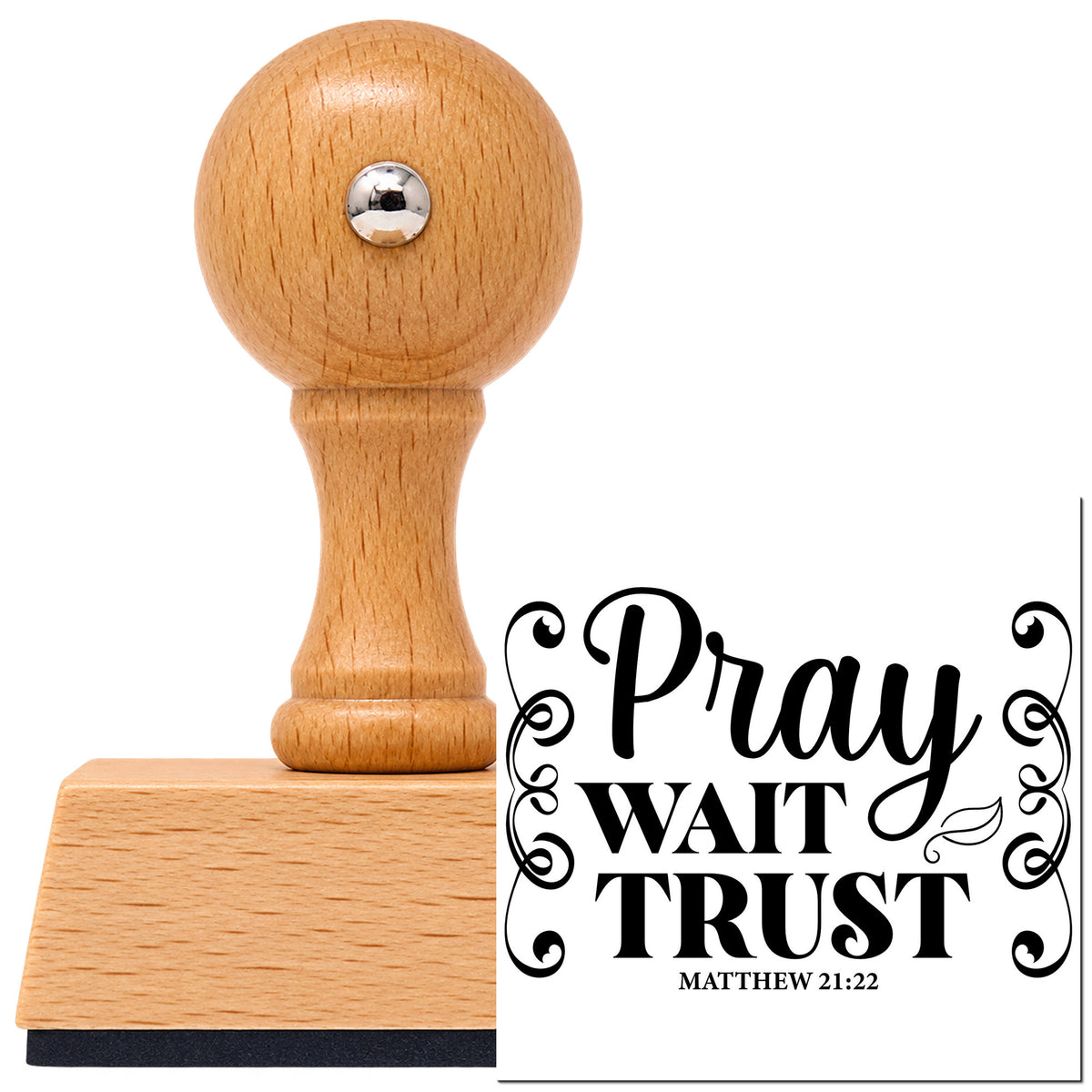 Vintage Pro beech wood stamp with a round knob handle, shown with its black Pray Wait Trust Scrolls imprint on white.