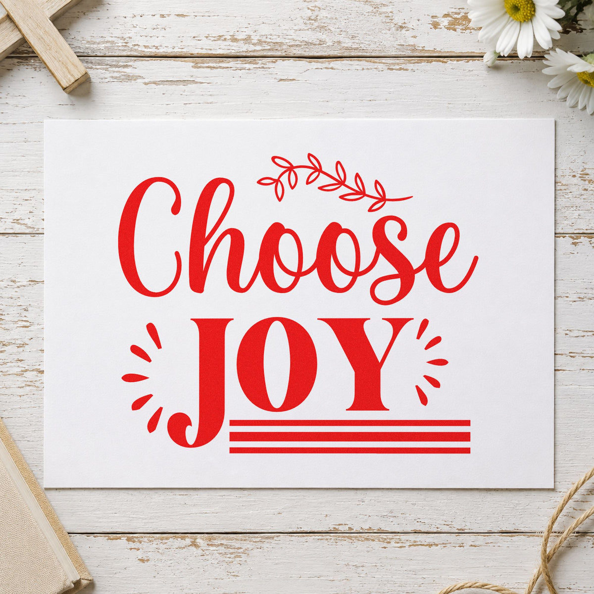 Choose Joy rubber stamp shown in red ink, stamped for projects such as planner daily headers.