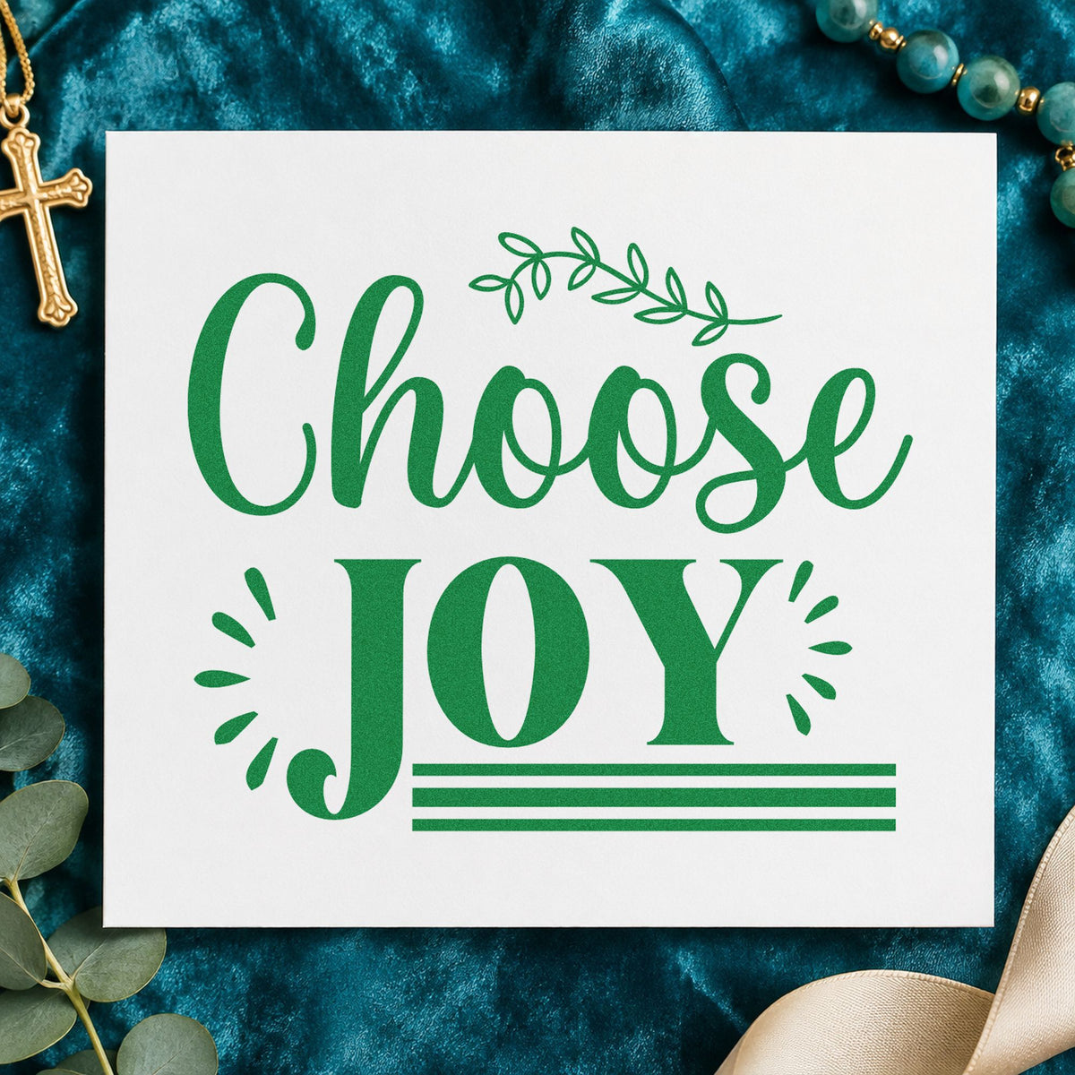 Choose Joy craft stamp imprint in green ink on a handmade project, one idea being framed kitchen art.
