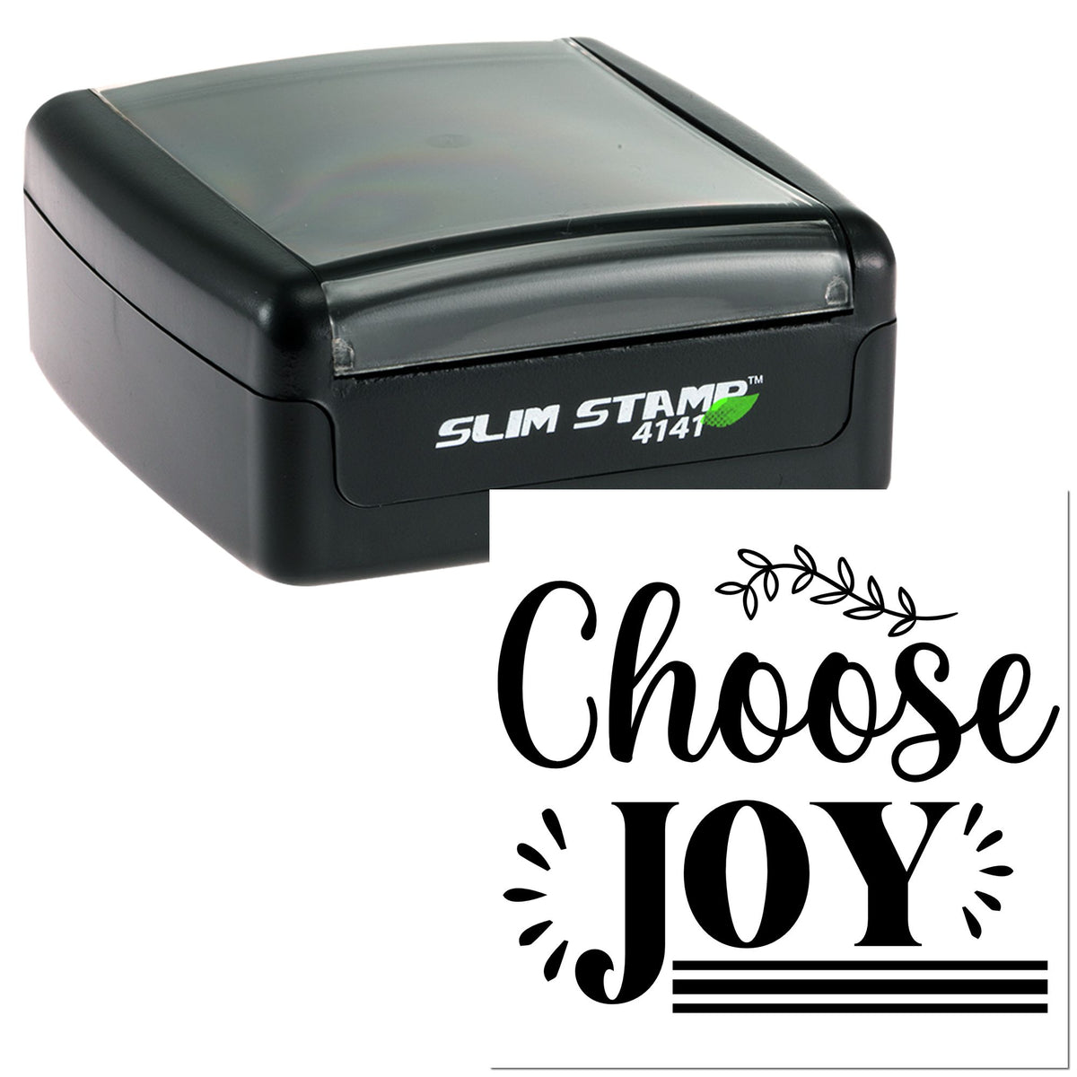 Black self-inking Slim Stamp 4141 with clear top, plus custom seal design reading Choose JOY in bold black script.