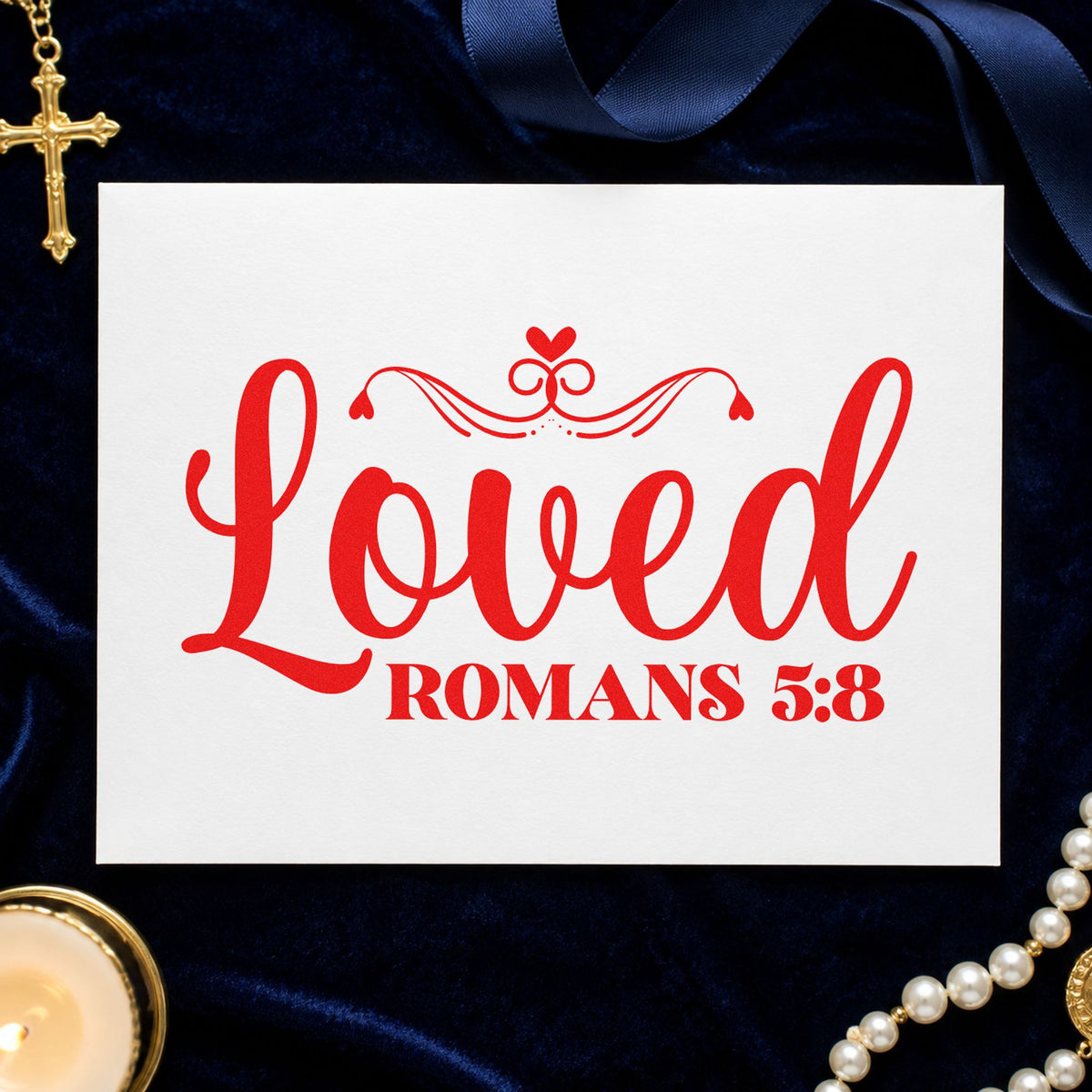 Loved Romans Five Eight rubber stamp shown in red ink, stamped for projects such as care home visits.