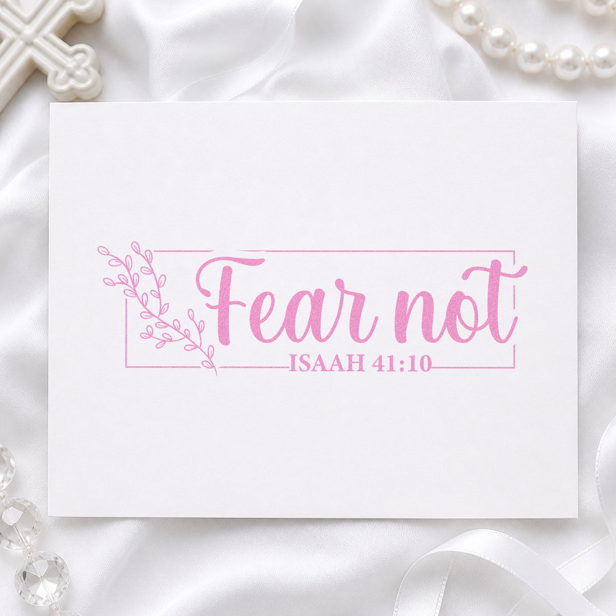 Fear Not Floral Frame craft stamp in purple ink on cardstock, an easy option for oncology care tags.