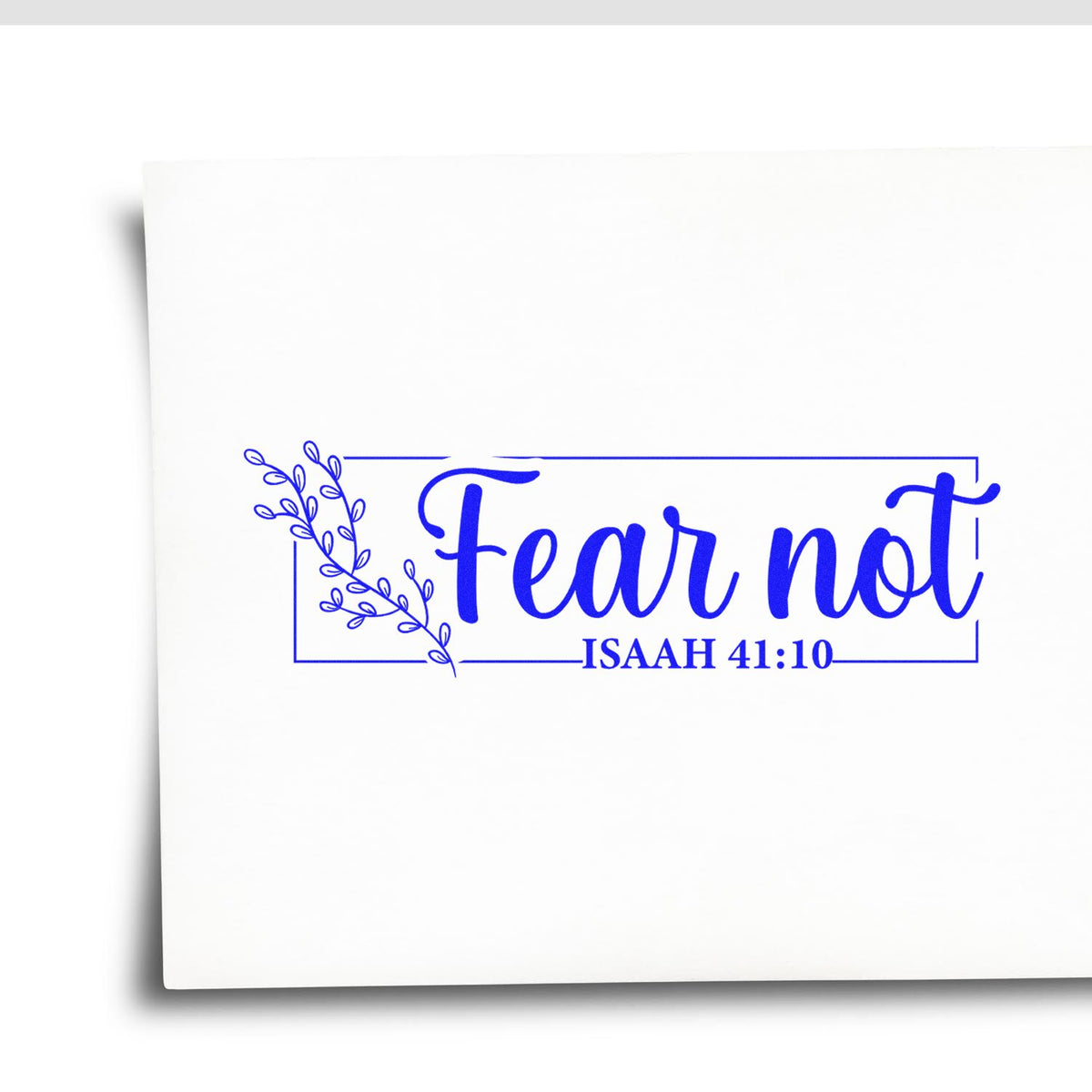 Blue Fear not Isaiah 41:10 stamp and seal design with leafy border on white background