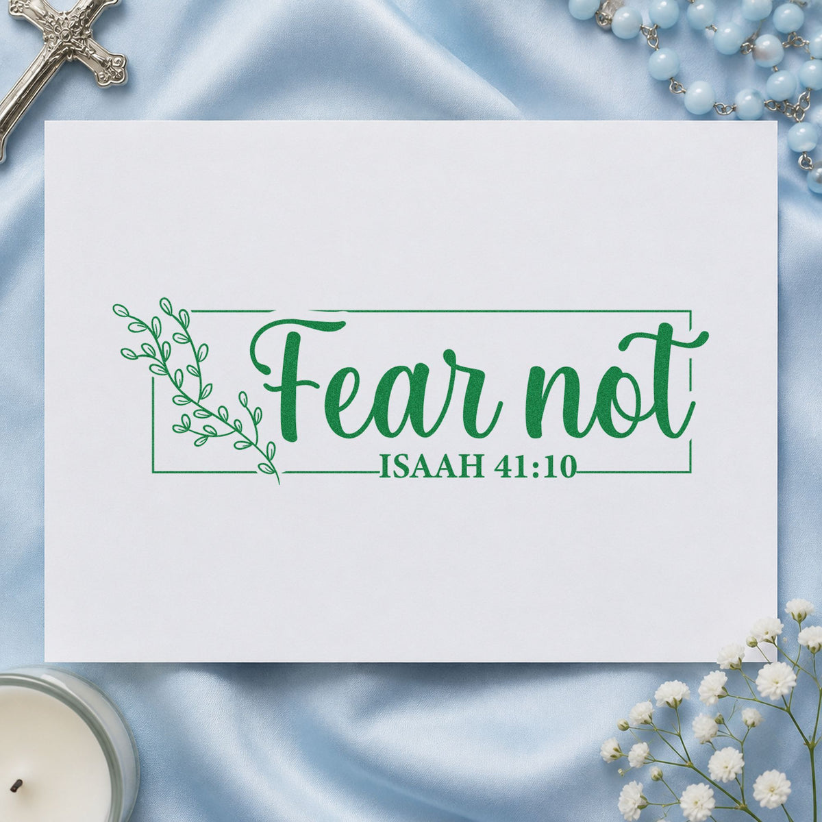 Fear Not Floral Frame craft stamp imprint in green ink on a handmade project, one idea being new driver gifts.