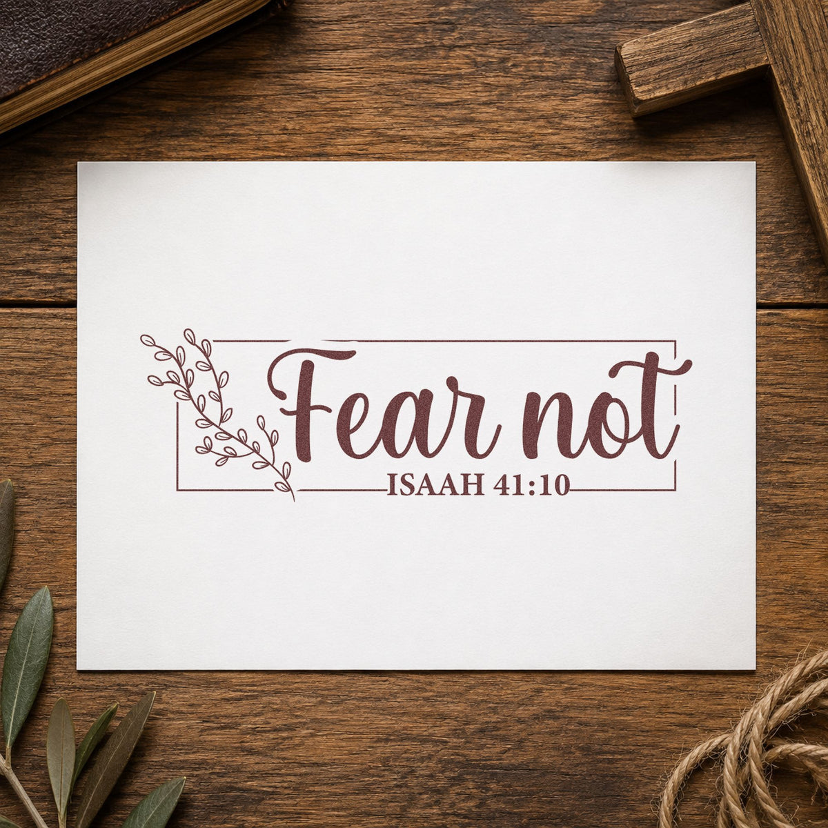 Fear Not Floral Frame rubber stamp printed in brown ink, ready for hard news pages and similar paper crafts.
