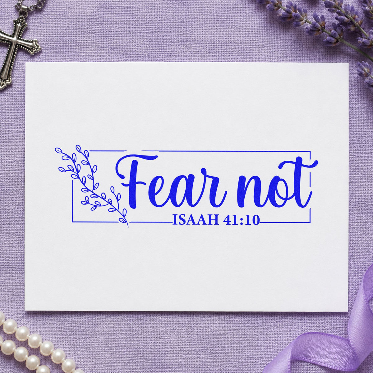 Fear Not Floral Frame craft stamp in blue ink on cardstock, an easy option for canvas totes.