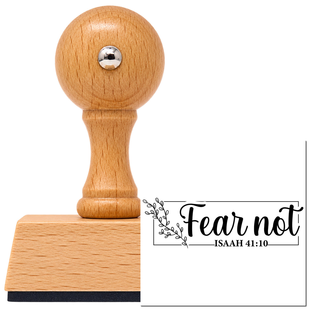Vintage Pro beech wood stamp with a round knob handle, shown with its black Fear Not imprint on white.