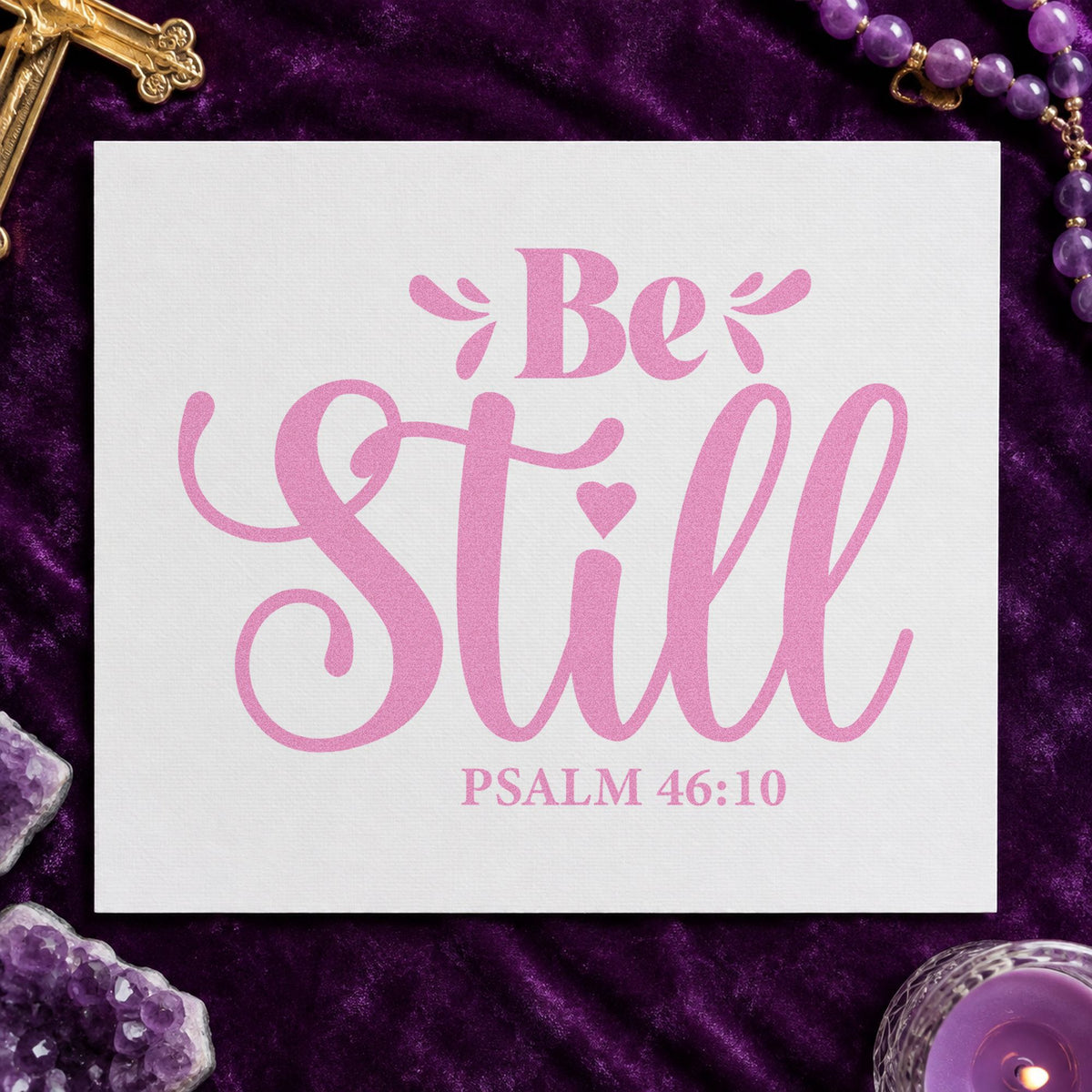 Be Still craft stamp in purple ink on cardstock, an easy option for spa day favors.