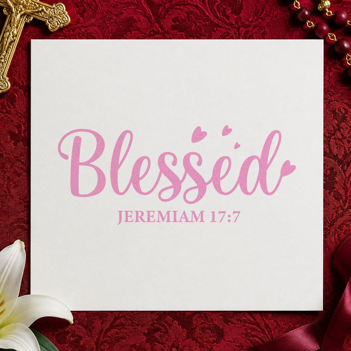 Blessed Jeremiah craft stamp in purple ink on cardstock, an easy option for thanksgiving place cards.