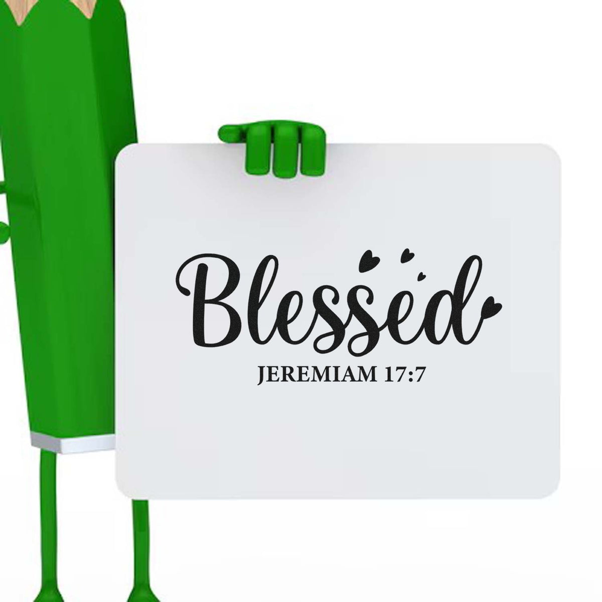 Green stamp and seal character holding a white sign with black Blessed text and Jeremiah 17:7 in a clean minimalist design.