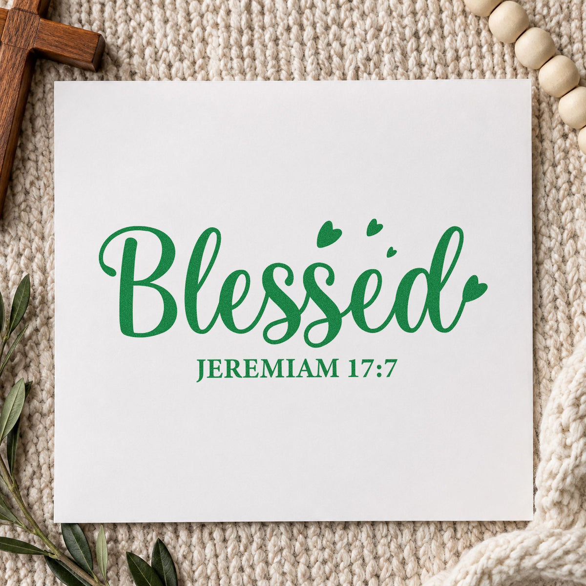 Blessed Jeremiah craft stamp imprint in green ink on a handmade project, one idea being hostess gift tags.