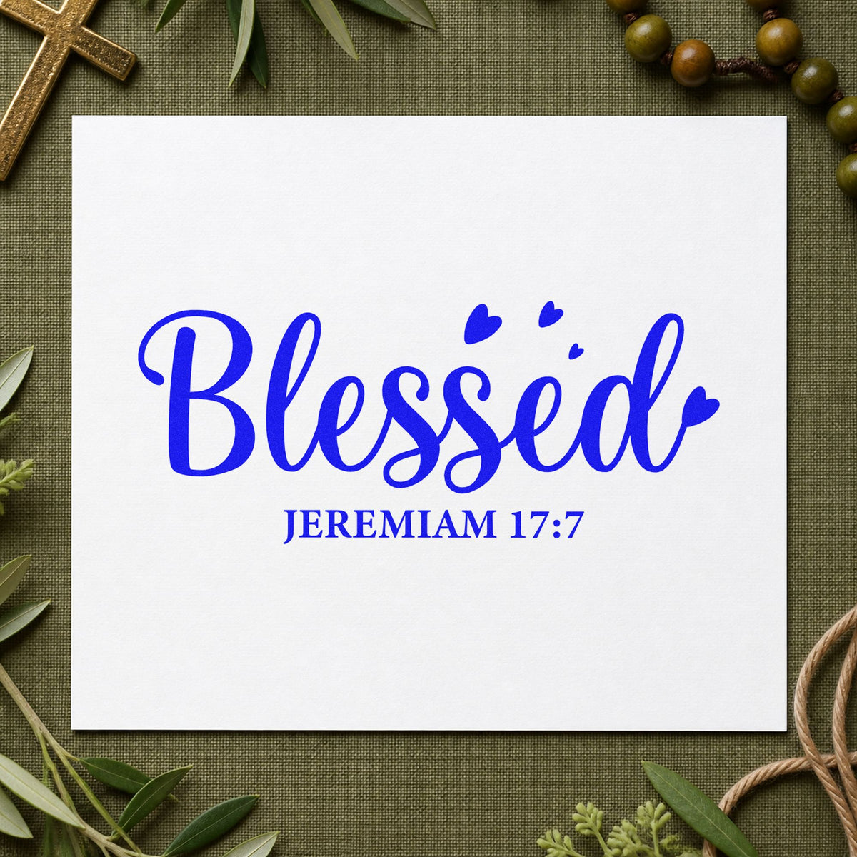 Blessed Jeremiah craft stamp in blue ink on cardstock, an easy option for canvas totes.