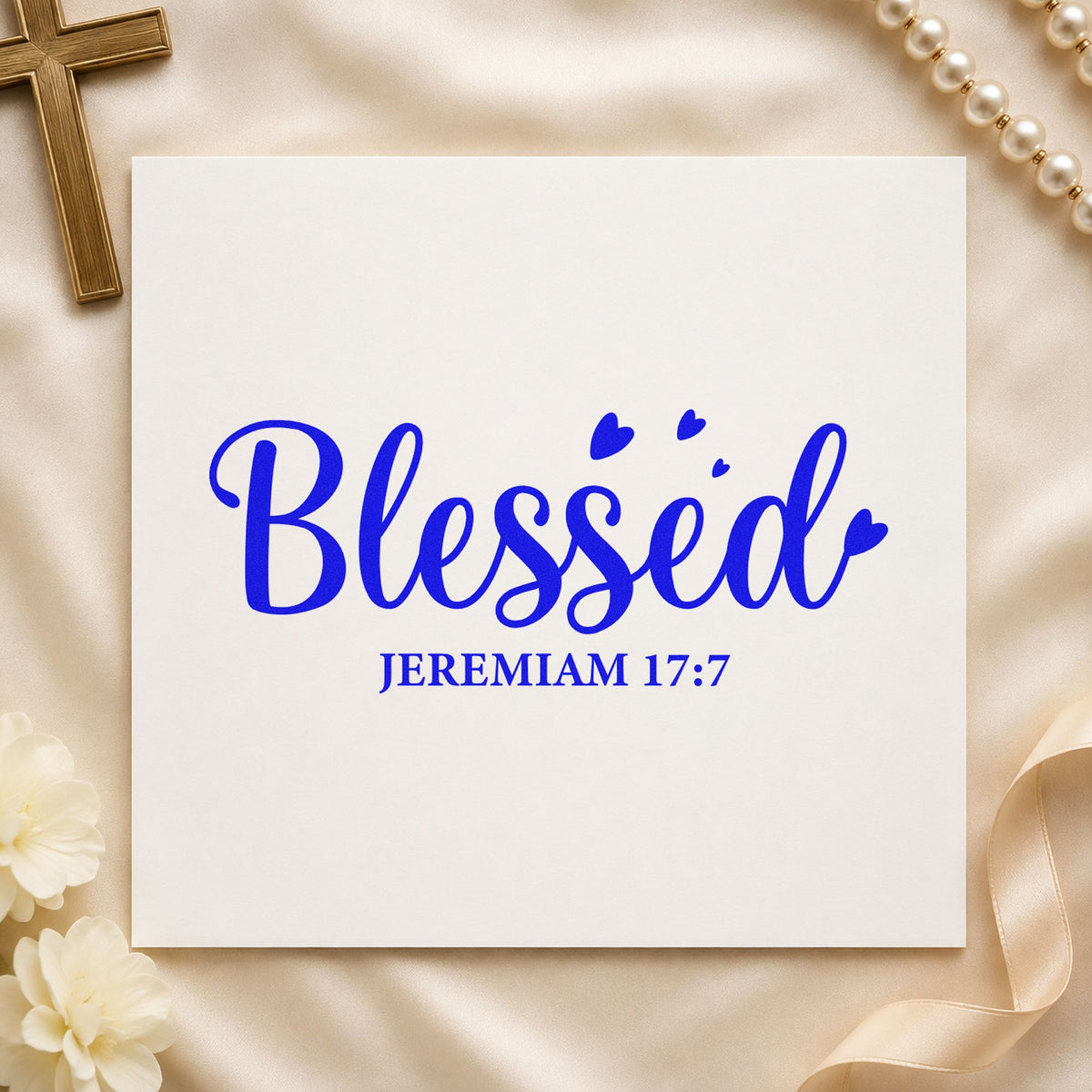 Blessed Jeremiah craft stamp imprinted in blue ink on paper, a design suited to baby shower favors.