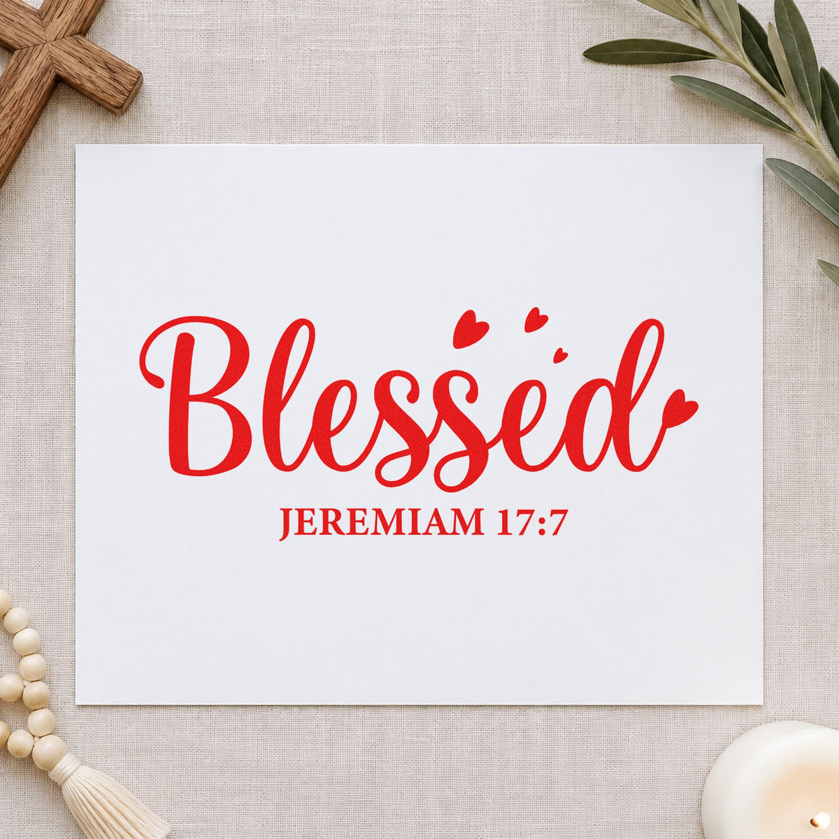 Blessed Jeremiah rubber stamp shown in red ink, stamped for projects such as farmhouse wall art.
