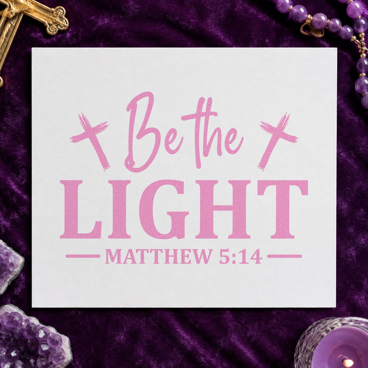 Be the Light Crosses craft stamp in purple ink on cardstock, an easy option for candle gift tags.