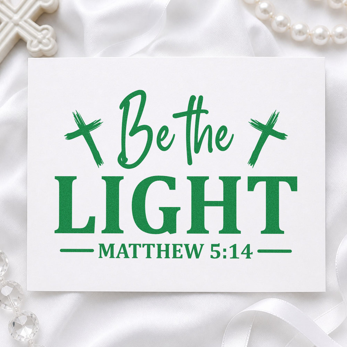 Be the Light Crosses craft stamp imprint in green ink on a handmade project, one idea being youth leader gifts.