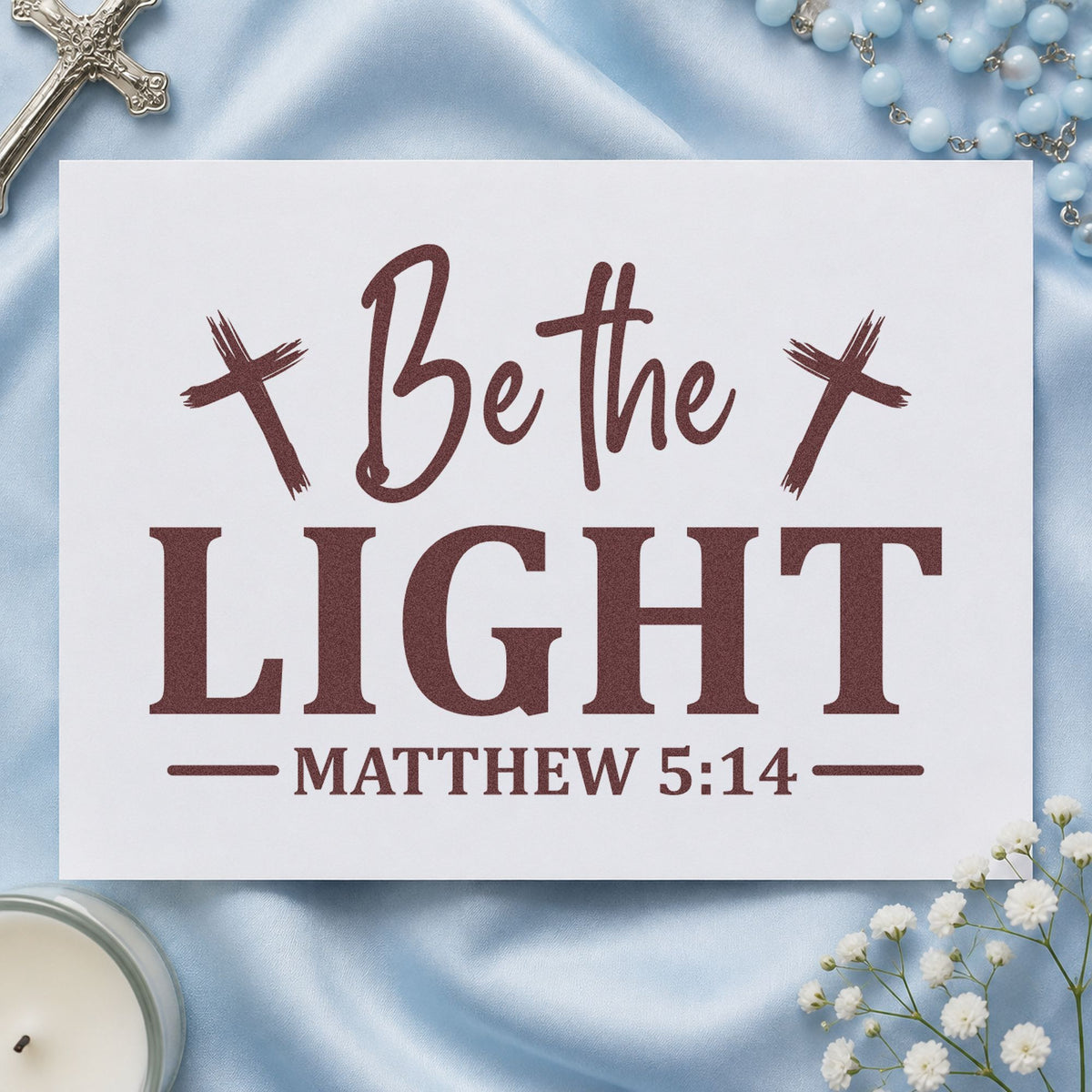 Be the Light Crosses rubber stamp printed in brown ink, ready for service pages and similar paper crafts.
