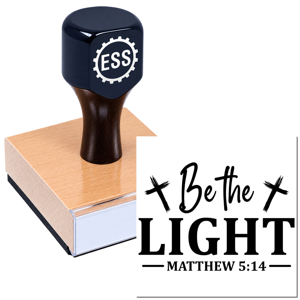 Black self-inking stamp and seal on a wooden base, with "Be the Light" and Matthew 5:14 in bold black text.
