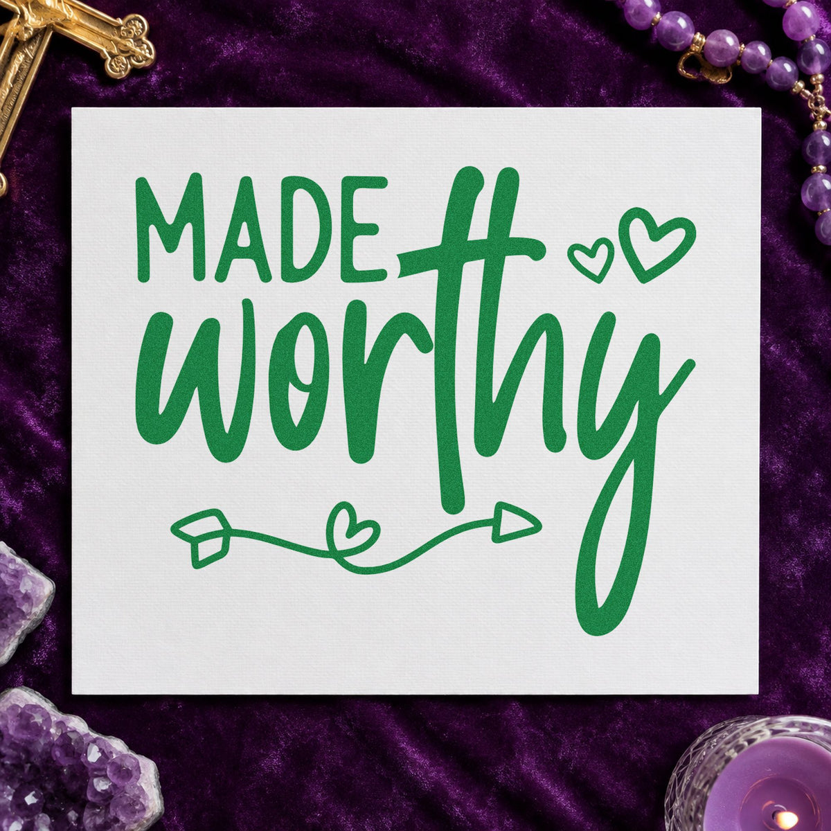 Made Worthy craft stamp imprint in green ink on a handmade project, one idea being recovery gifts.