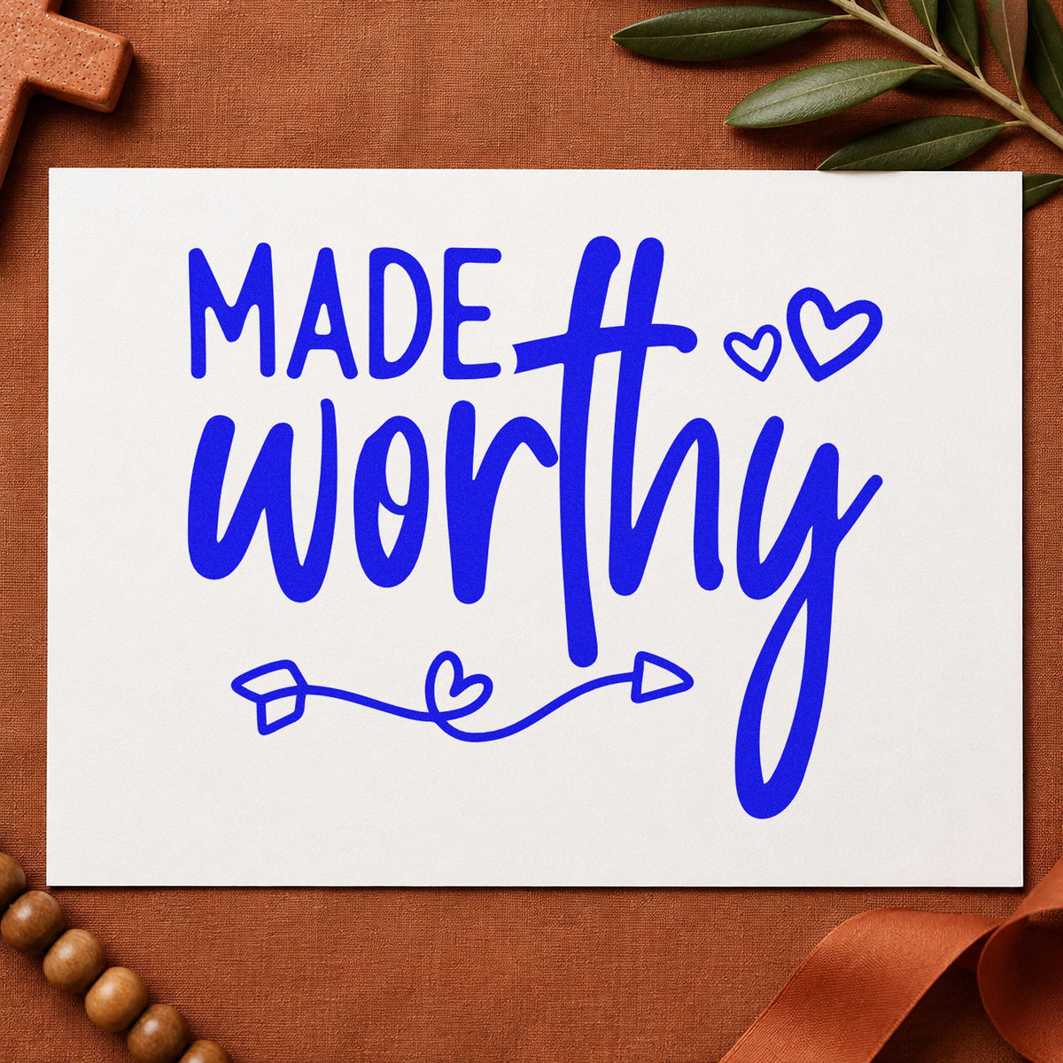 Made Worthy craft stamp in blue ink on cardstock, an easy option for canvas totes.