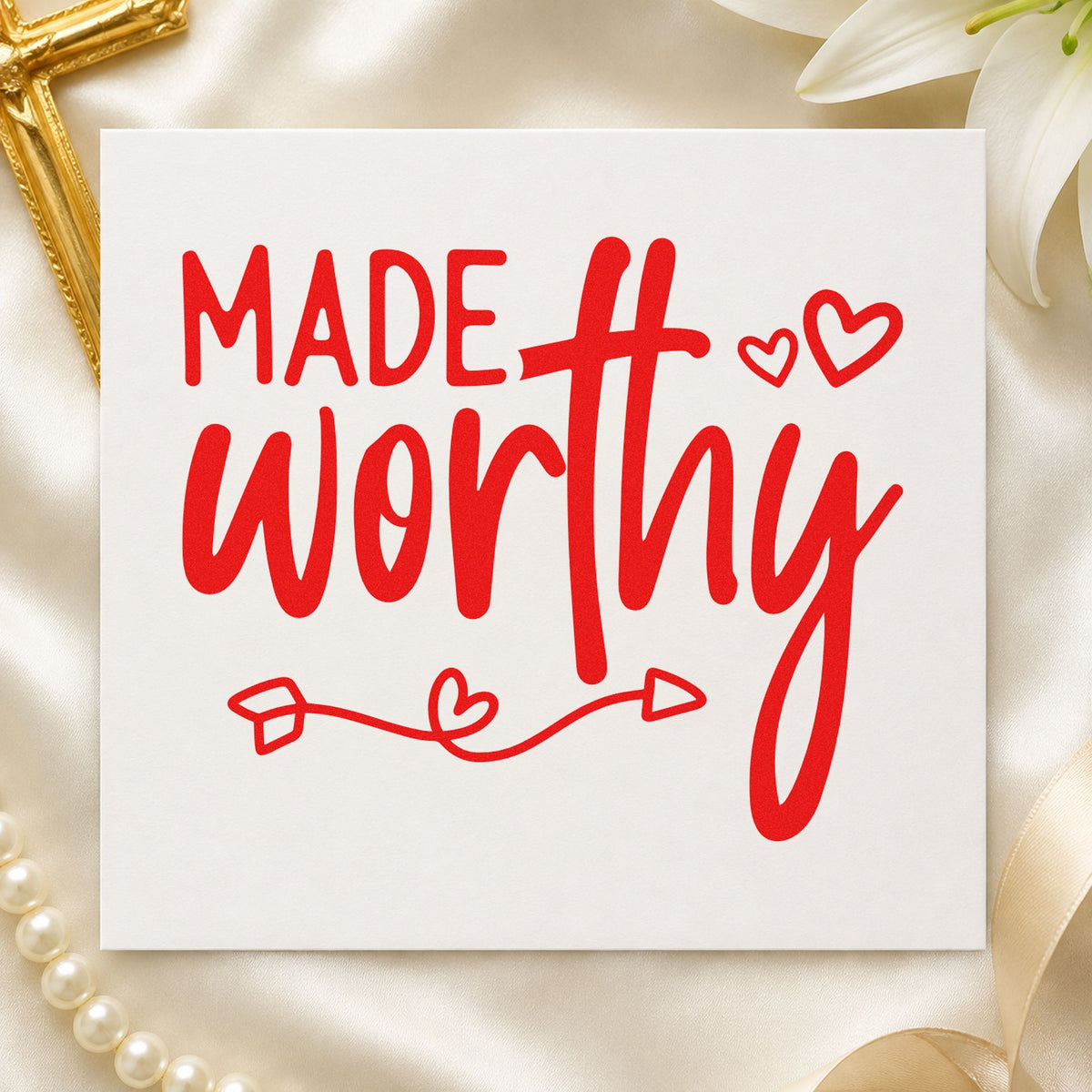 Made Worthy rubber stamp shown in red ink, stamped for projects such as mirror clings.
