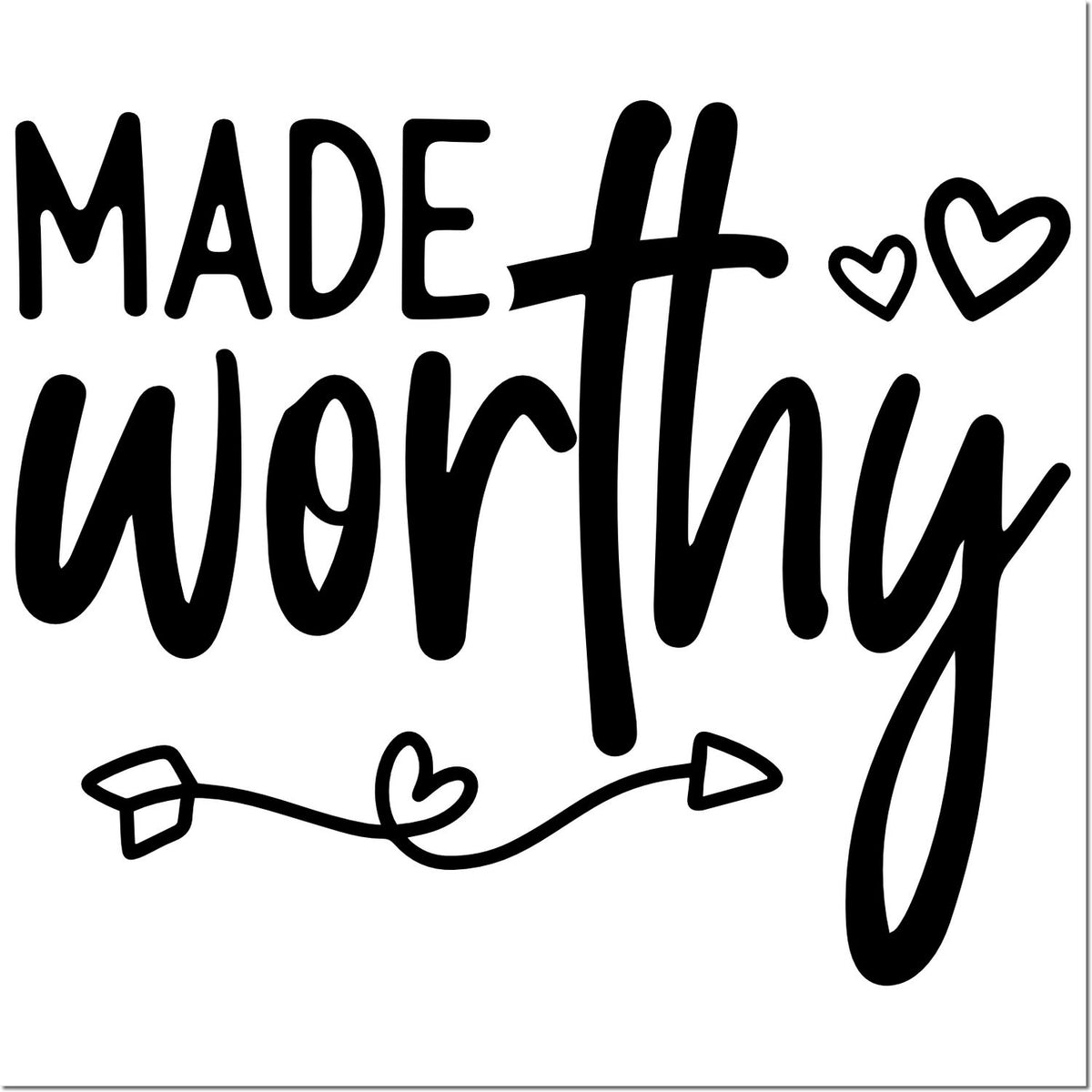 Black made worthy decorative stamp seal with hearts and arrow on white background.