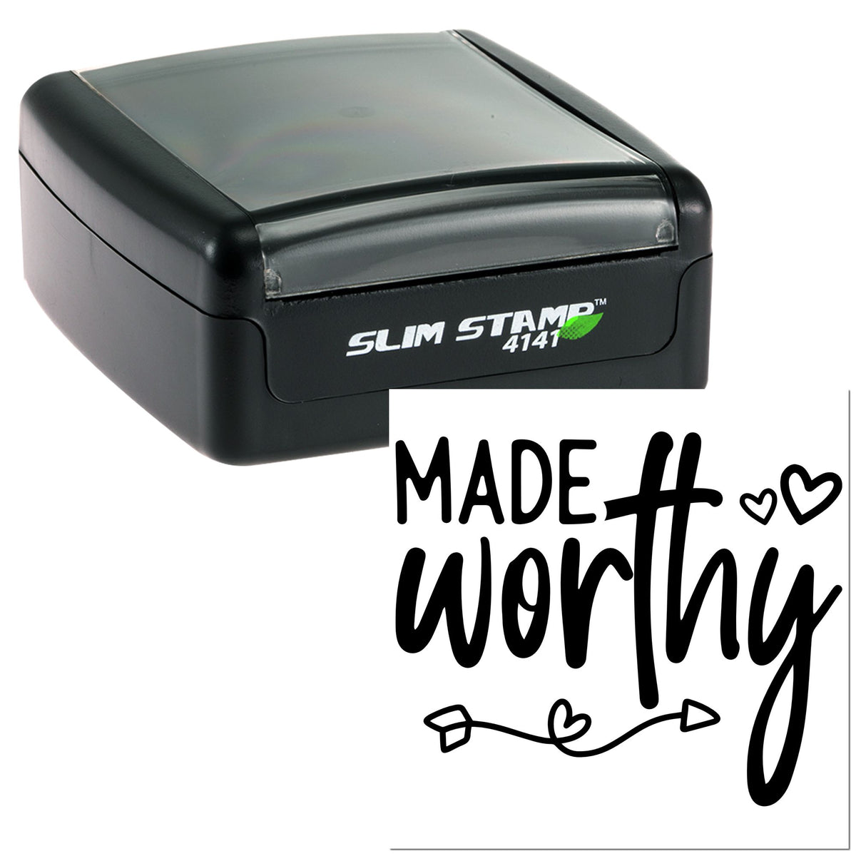 Black self-inking Slim Stamp 4141 with translucent gray cover and Made worthy seal design with hearts.