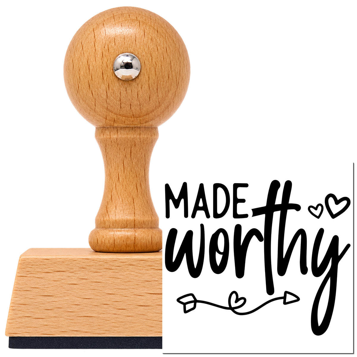 Vintage Pro beech wood stamp with a round knob handle, shown with its black Made Worthy With Cross imprint on white.