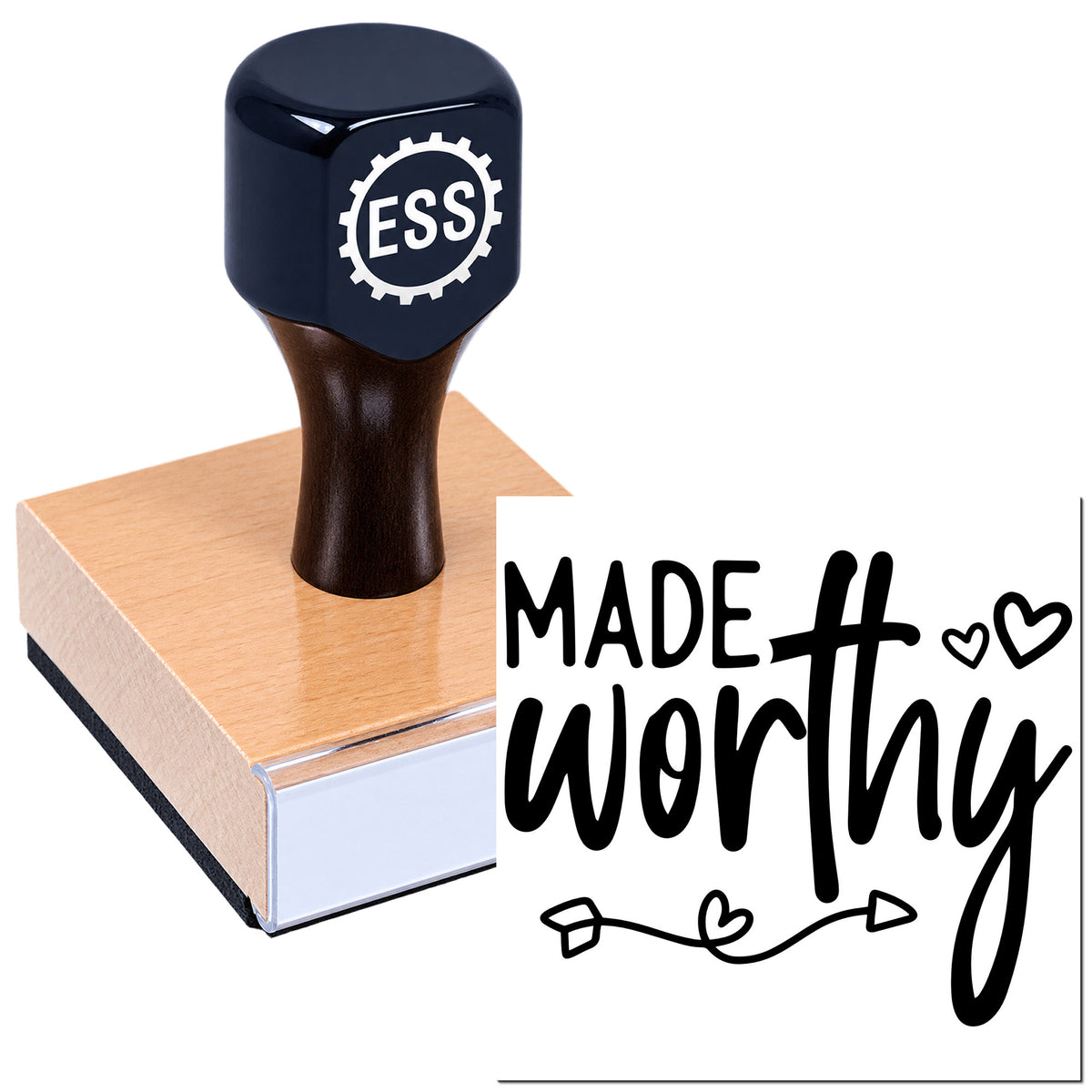 Black ESS stamp on a copper seal block with white "Made 4 Worthy" lettering and hearts.