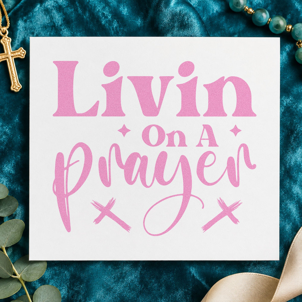 Livin on a Prayer craft stamp in purple ink on cardstock, an easy option for 80s party favors.