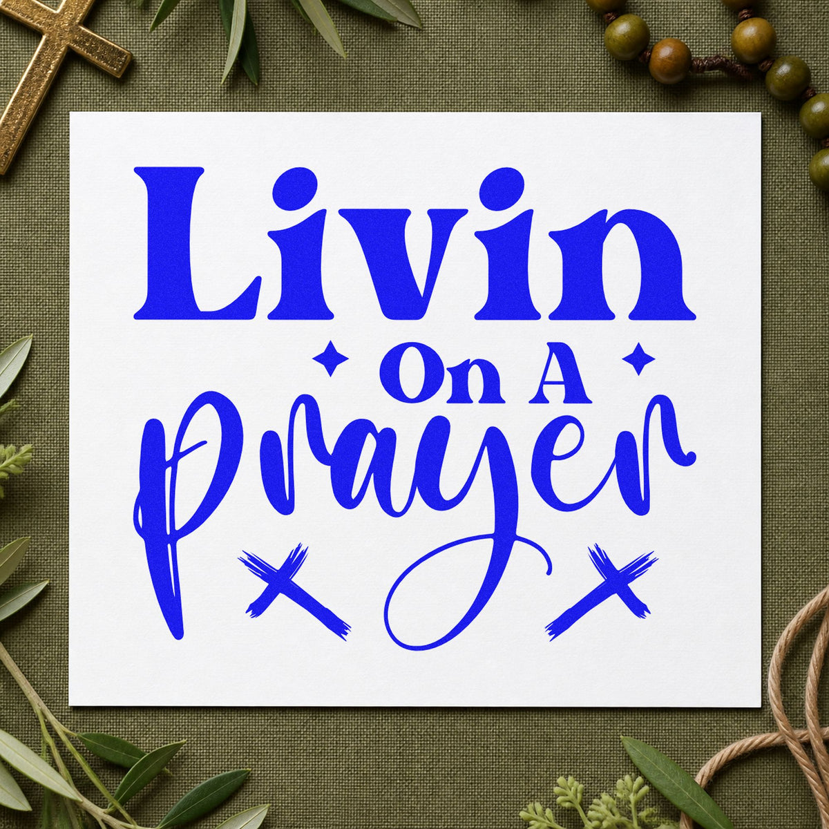 Livin on a Prayer craft stamp imprinted in blue ink on paper, a design suited to karaoke night invites.