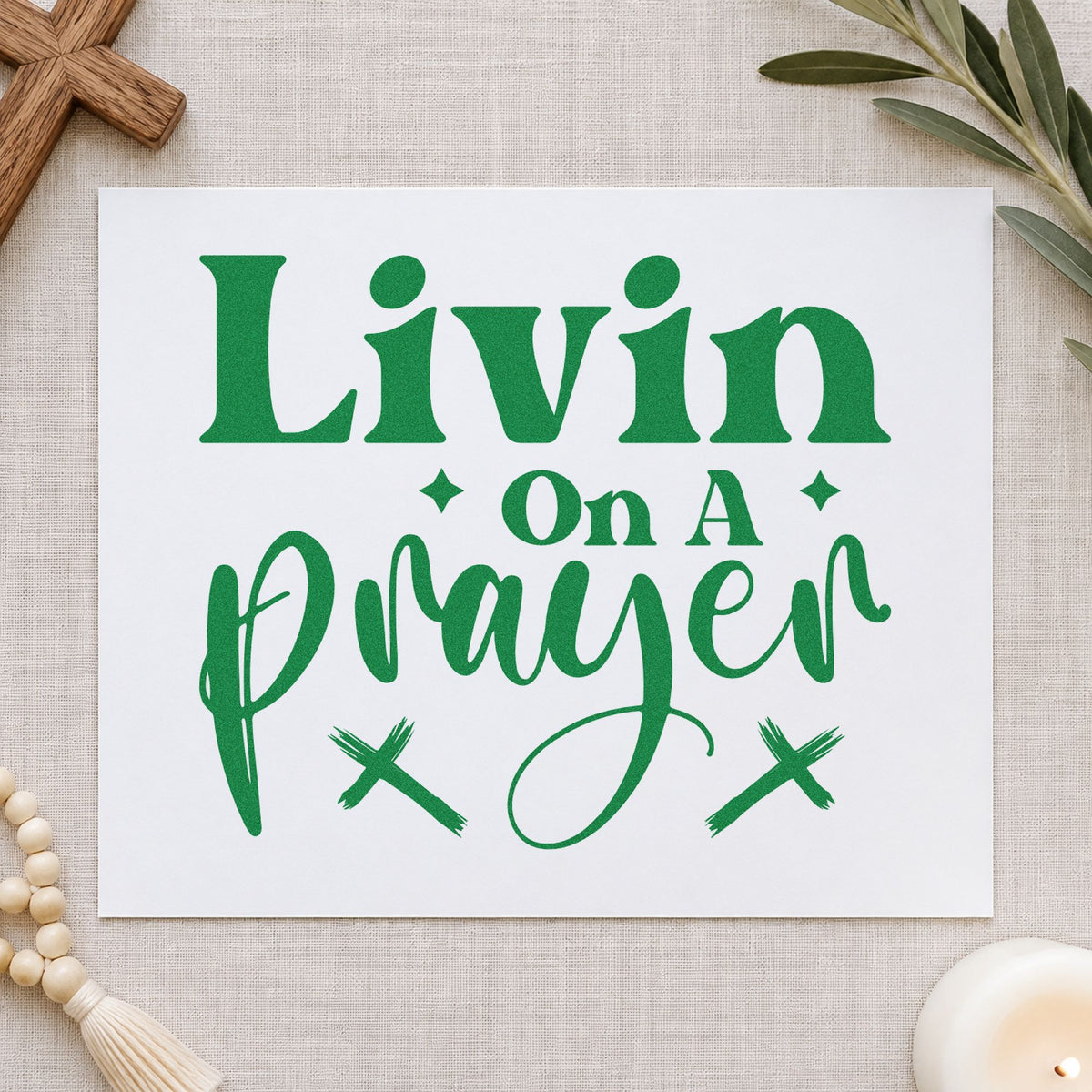 Livin on a Prayer craft stamp imprint in green ink on a handmade project, one idea being guitar case labels.