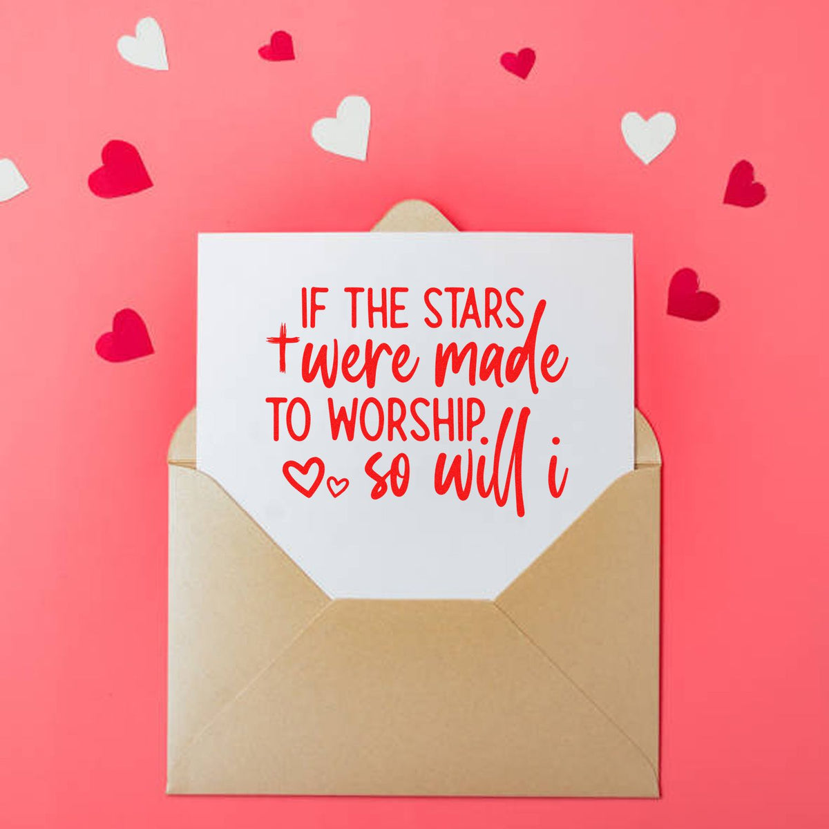 Valentine stamp and seal design on a white card in a tan envelope, with red heart confetti and red quote on pink background.
