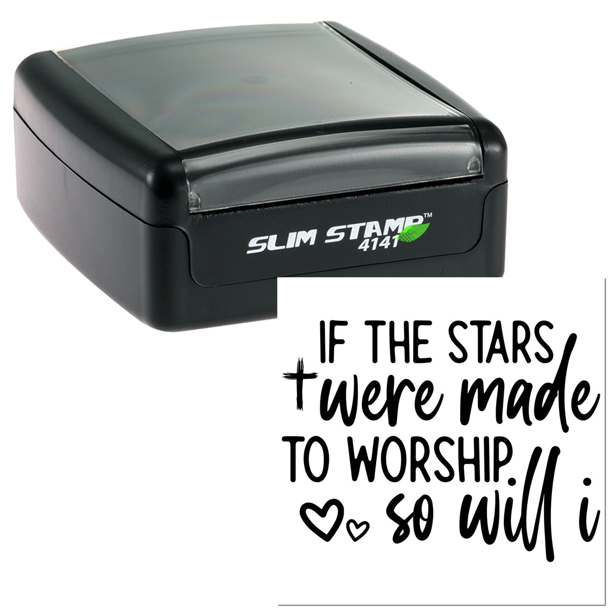 Black Slim Stamp 4141 self-inking seal with translucent gray lid, shown beside a white worship quote print.