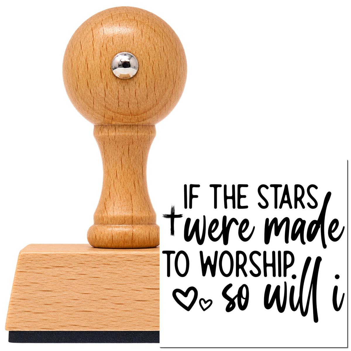 Vintage Pro beech wood stamp with a round knob handle, shown with its black Stars Were Made To Worship imprint on white.