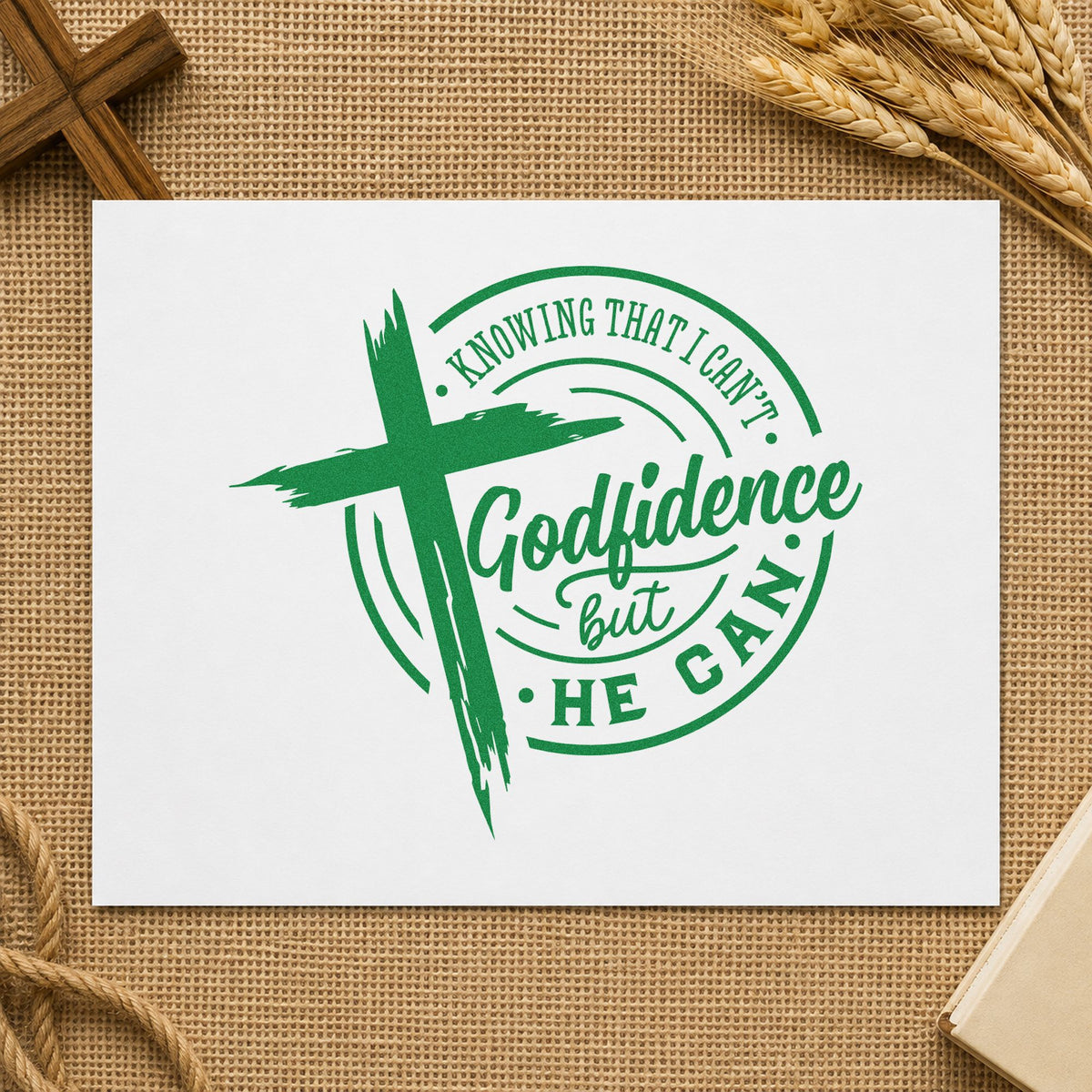Godfidence Cross Badge craft stamp imprint in green ink on a handmade project, one idea being interview day notes.