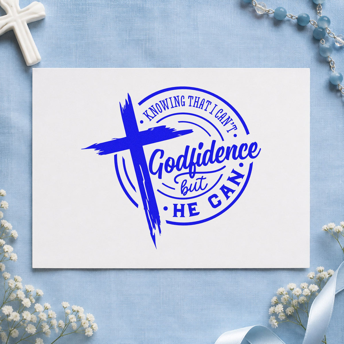 Godfidence Cross Badge craft stamp in blue ink on cardstock, an easy option for coasters.