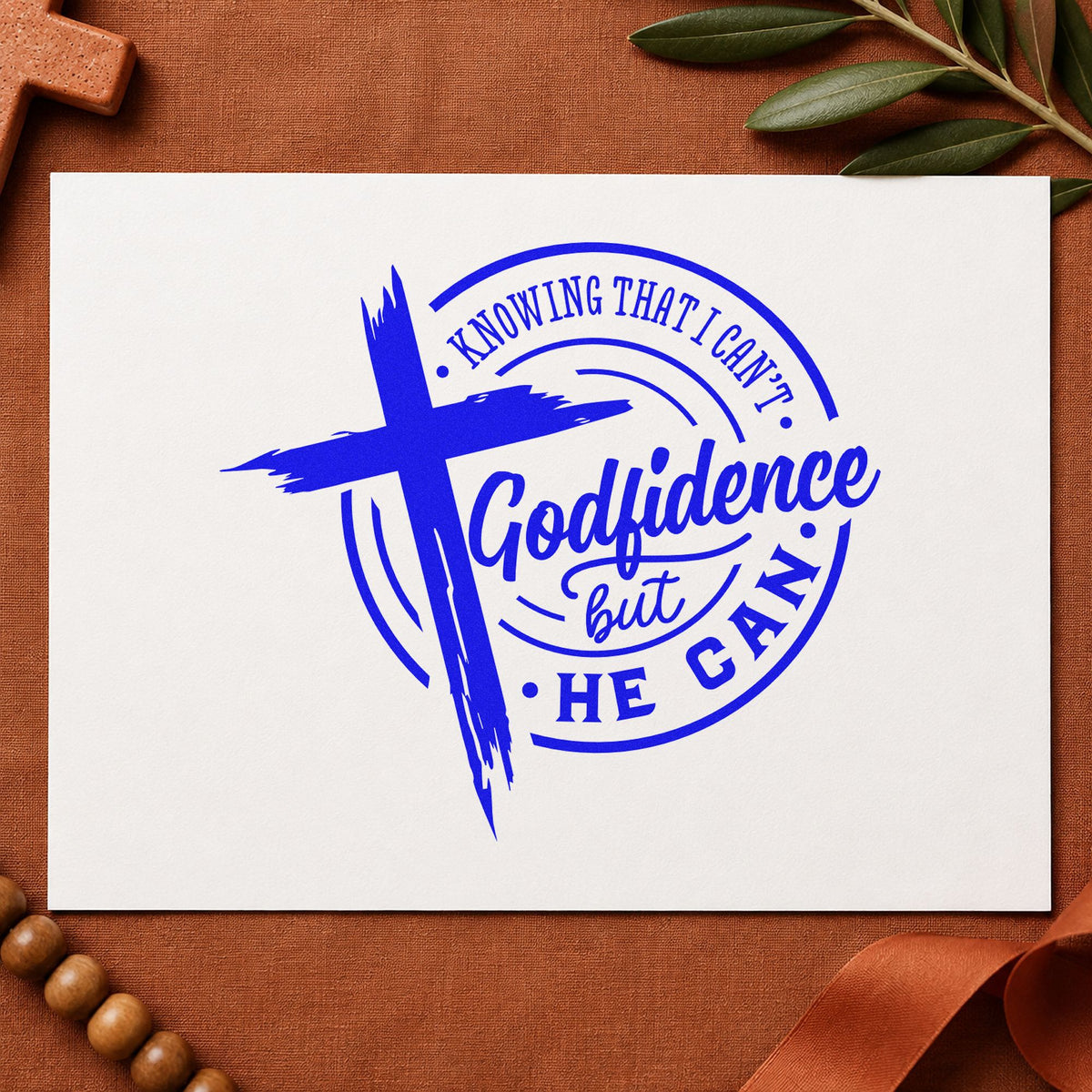 Godfidence Cross Badge craft stamp imprinted in blue ink on paper, a design suited to youth group tees.