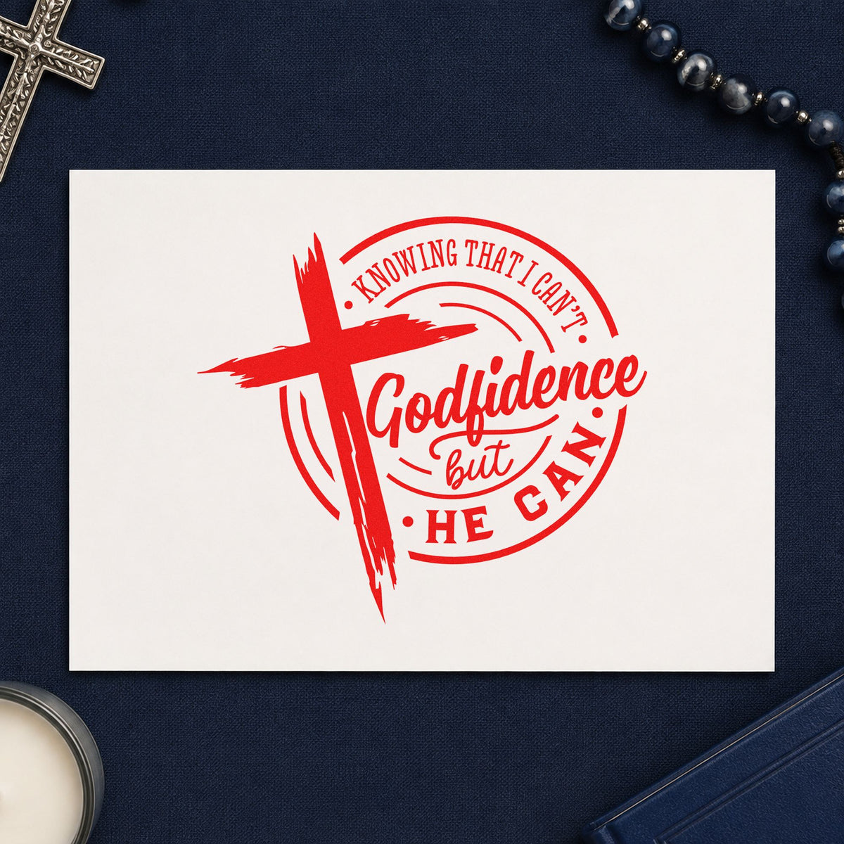 Godfidence Cross Badge rubber stamp shown in red ink, stamped for projects such as recital notes.
