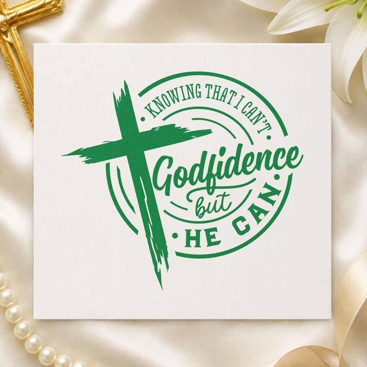 Godfidence Cross Badge craft stamp imprint in green ink on a handmade project, one idea being framed desk art.