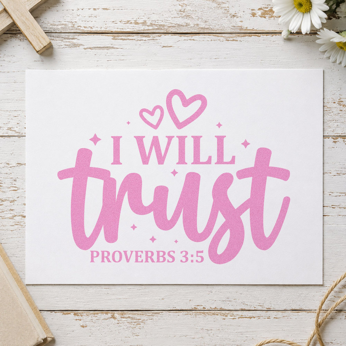 I Will Trust craft stamp in purple ink on cardstock, an easy option for graduation gifts.